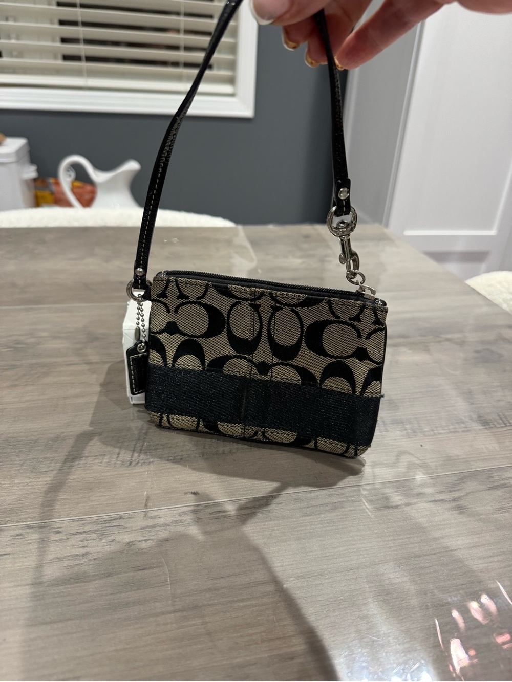 Coach Khaki and Black Signature Canvas Wristlet